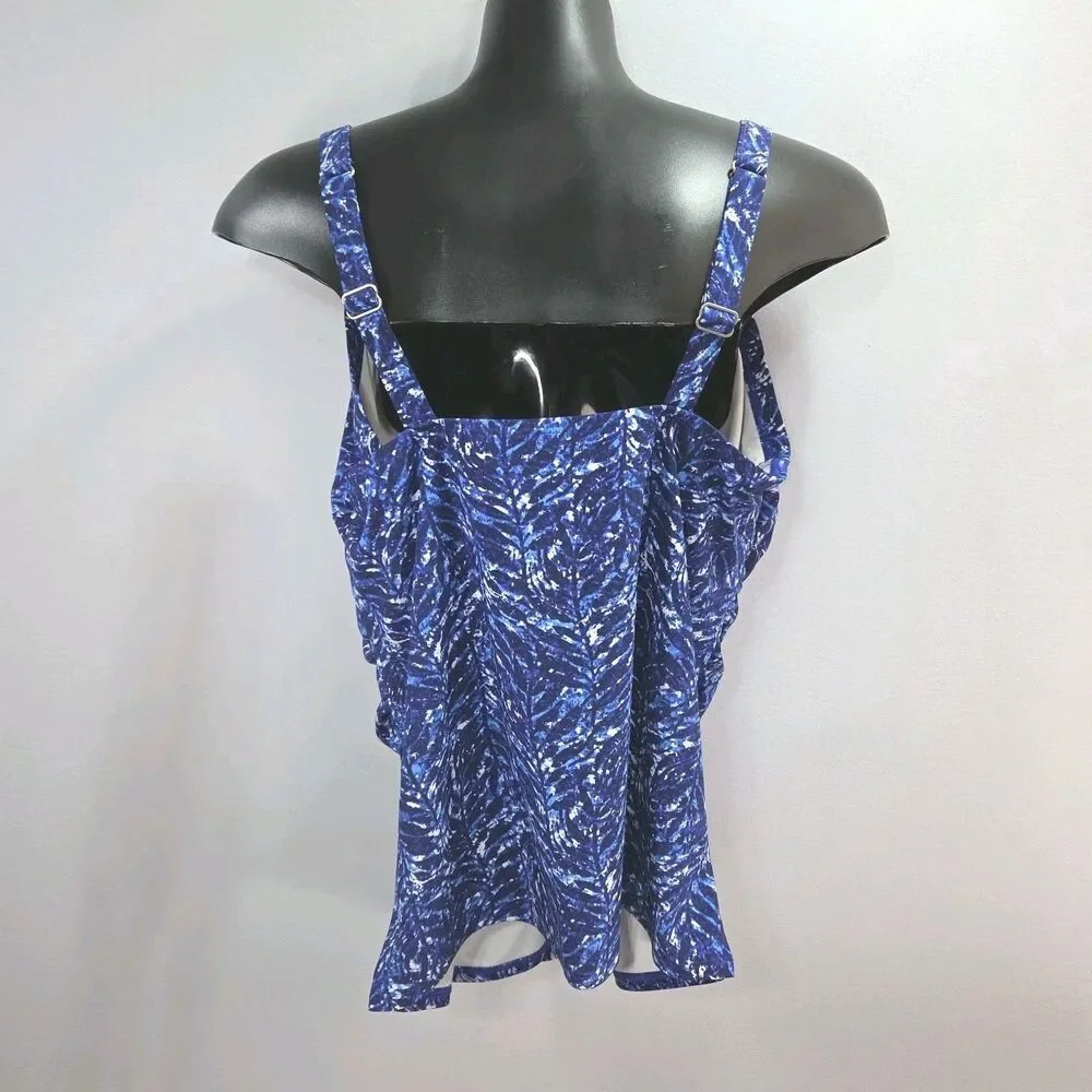 LL Bean Swim Top Tankini Women Sz 18 Padded Bra Blue White Adjustable UPF 50+